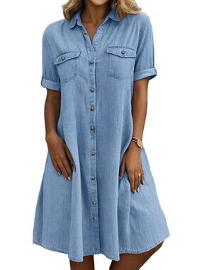 Summer Short Sleeve Denim Shirt Dress - Casual Button Down Midi Jean Dress